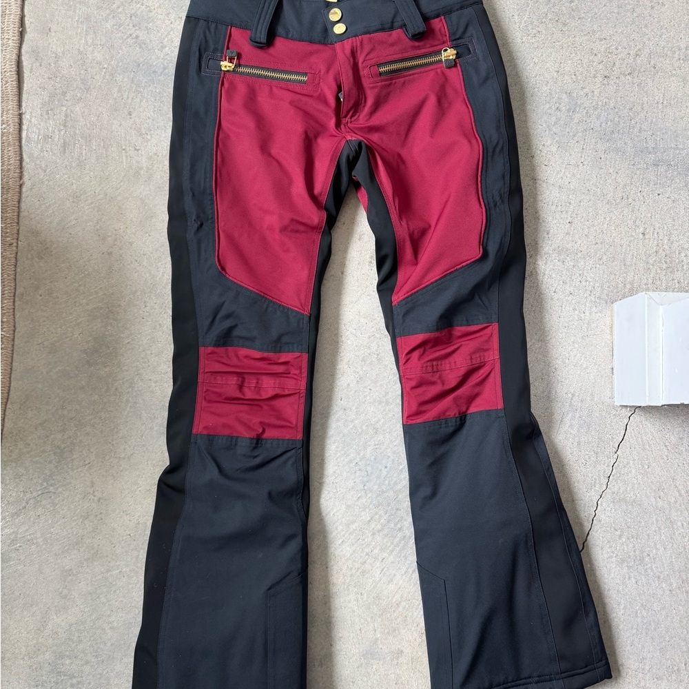 SOS Black and Burgundy Ski Pants with gold accents